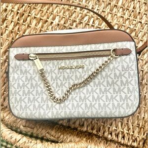 Michael Kors Tan and Cream Crossbody Bag with Gold Chain